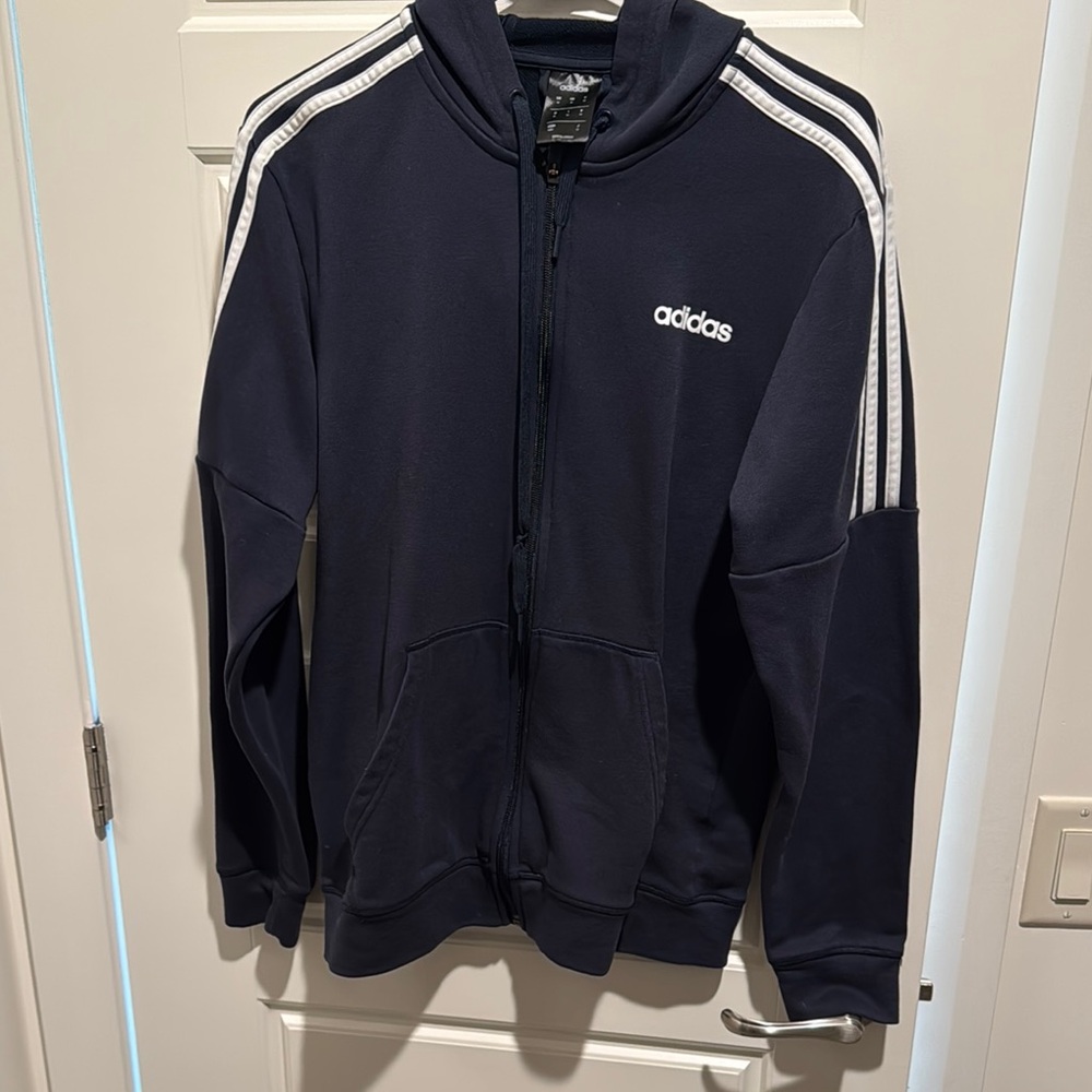 Adidas Navy Blue Zip Up Hooded Sweatshirt with Signature Stripes Men’s M